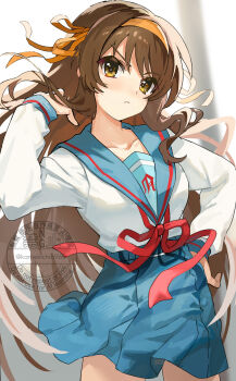1girl blue_sailor_collar blue_skirt breasts brown_eyes brown_hair commentary_request hair_ribbon hairband hand_in_own_hair hand_on_own_hip highres kamekichi_(6969) kita_high_school_uniform long_hair long_sleeves official_alternate_hair_length official_alternate_hairstyle red_ribbon ribbon sailor_collar school_uniform serafuku skirt solo standing suzumiya_haruhi suzumiya_haruhi_no_yuuutsu thighs very_long_hair watermark winter_uniform yellow_hairband yellow_ribbon