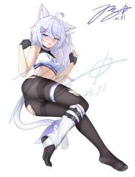 1girl absurdres ahoge animal_ear_fluff animal_ears bare_shoulders barefoot black_gloves black_pantyhose breasts choker crop_top fingerless_gloves gloves grey_hair highres jerry_wang leg_warmers long_hair looking_at_viewer lying on_side open_mouth original pantyhose skindentation small_breasts soles solo tail torn_clothes torn_pantyhose turtleneck white_pantyhose