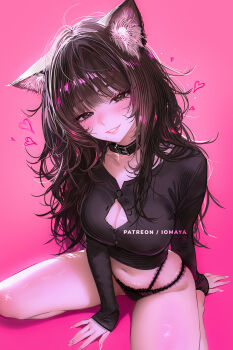 1girl animal_ears artist_name belt belt_collar black_belt black_choker black_collar black_panties black_shirt blush breasts brown_eyes brown_hair button_gap cat_ears cat_girl choker cleavage collar collarbone commentary english_commentary eyelashes fingernails grin hair_intakes head_tilt heart highres large_breasts long_fingernails long_hair long_sleeves mole mole_under_eye mole_under_mouth multi-strapped_panties nail_polish navel nixeu original panties patreon_username pink_background pink_lips pink_nails shiny_skin shirt sleeves_past_wrists smile solo stomach thighs underwear