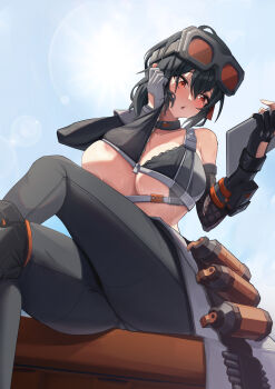 1girl absurdres ahoge areola_slip asymmetrical_gloves bare_shoulders black_choker black_gloves black_hair black_pants black_sports_bra blue_sky blush breasts cameltoe choker cleavage collarbone commentary construction_site crossed_legs day explosive fingerless_gloves fishnet_gloves fishnets gloves goggles goggles_on_head grace_howard grenade hair_between_eyes highres holding holding_tablet_pc jiang_(kplrt_07) large_breasts long_hair looking_at_object mismatched_gloves outdoors pants parted_lips ponytail red_eyes revision sidelocks single_bare_shoulder sitting sky solo sports_bra stomach sunlight sweat tablet_pc thick_thighs thighs underboob wiping_face wiping_sweat wiping_with_clothes zenless_zone_zero zipper_pull_tab