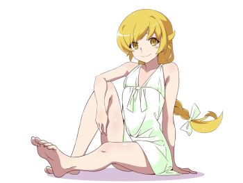 1girl alternate_hairstyle anime_coloring arm_support bare_legs bare_shoulders barefoot blonde_hair blush_stickers bow braid braided_ponytail child circular_shadow commentary_request dress flat_chest full_body guchiknight hair_ribbon knee_blush leg_up long_hair looking_at_viewer low_ponytail medium_eyebrows monogatari_(series) official_style oshino_shinobu ponytail ribbon shoulder_blush sidelocks sitting soles solo thigh_blush very_long_hair wavy_mouth white_bow white_dress white_ribbon white_theme yellow_eyes