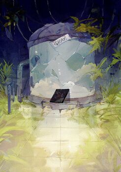 abandoned broken_glass cable commentary_request glass gr_7 ham_(zutomayo) indoors laboratory machine no_humans official_art overgrown plant scenery stasis_tank tile_floor tiles zutto_mayonaka_de_ii_no_ni