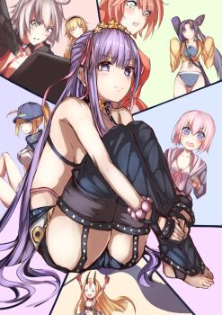 6+girls ahoge arms_up artoria_pendragon_(fate) bad_id bad_pixiv_id barefoot bb_(fate) bb_(swimsuit_mooncancer)_(second_ascension)_(fate) bikini bikini_top_only black_bikini black_bra black_hairband black_legwear black_shorts blonde_hair blue_bikini blue_hat blush bra bracelet breasts casual_one-piece_swimsuit closed_eyes collar collarbone embarrassed fate/grand_order fate_(series) floating_hair fujimaru_ritsuka_(female) garter_straps grey_jacket groin hair_ornament hair_ribbon hairband hat high_ponytail highres holding holding_pen hood hood_down hooded_jacket horns ibaraki_douji_(fate) ibaraki_douji_(fate/grand_order) ibaraki_douji_(swimsuit_lancer)_(fate) ibaraki_douji_(swimsuit_lancer)_(first_ascension)_(fate) jacket jeanne_d'arc_(fate) jeanne_d'arc_(ruler)_(fate) jeanne_d'arc_(swimsuit_archer)_(first_ascension)_(fate) jeanne_d'arc_alter_(fate) jeanne_d'arc_alter_(swimsuit_berserker)_(fate) jewelry long_hair long_sleeves mash_kyrielight medium_breasts micro_shorts midriff multiple_girls mysterious_heroine_xx_(fate) navel one-piece_swimsuit open_clothes open_jacket open_mouth orange_hair orange_shirt panties peaked_cap pen pink_hair pink_panties pink_ribbon ponytail purple_eyes purple_hair ribbon servant_(fate) sh22 shirt short_hair short_shorts shorts shrug_(clothing) side_ponytail sideboob sidelocks silver_hair smile split_screen star_(symbol) star_hair_ornament stomach sweatdrop swimsuit thighhighs tied_shirt underwear ushiwakamaru_(fate) ushiwakamaru_(fate/grand_order) ushiwakamaru_(swimsuit_assassin)_(fate) ushiwakamaru_(swimsuit_assassin)_(first_ascension)_(fate) very_long_hair white_bikini white_one-piece_swimsuit yellow_jacket