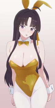1girl ahoge animal_ears awa_subaru black_hair blush bow bowtie breasts cleavage commentary_request covered_navel detached_collar fake_animal_ears girls_band_cry gold_leotard gradient_background green_bow green_bowtie green_ribbon hair_ribbon hanekuri_(nnainain) highres leotard long_hair open_mouth pantyhose pink_background playboy_bunny purple_eyes rabbit_ears ribbon sidelocks solo sweatdrop white_pantyhose white_wrist_cuffs wrist_cuffs