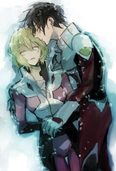 1boy 1girl black_hair blonde_hair closed_eyes gundam gundam_seed gundam_seed_destiny holding_hands kiss kissing_forehead lying medium_hair military military_uniform on_back rata_to shinn_asuka short_hair snow snowing stellar_loussier zaft_uniform