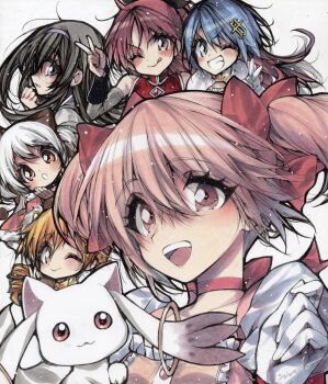 Rule 34 | 1boy, 6+girls, :3, absurdres, akemi homura, akemi homura (magical girl), black bow, black hair, blonde hair, blue eyes, blue hair, blush, bow, bow choker, cape, choker, dress, drill hair, fortissimo, gloves, grey eyes, hair bow, hair ornament, hair ribbon, hairband, highres, holy quintet, kaname madoka, kaname madoka (magical girl), kyubey, long hair, magical girl, mahou shoujo madoka magica, miki sayaka, miki sayaka (magical girl), misteor, momoe nagisa, momoe nagisa (magical girl), multiple girls, one eye closed, open mouth, orange eyes, pink choker, pink eyes, pink hair, ponytail, profile, purple hairband, red bow, red choker, red eyes, red hair, ribbon, sakura kyoko, sakura kyoko (magical girl), short hair, short twintails, smile, soul gem, tomoe mami, tomoe mami (magical girl), twin drills, twintails, v, white background, white gloves, white hair, yellow eyes