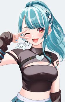 Rule 34 | 1girl, 717minami, absurdres, arm warmers, belt, black arm warmers, black shirt, blue belt, blue hair, breasts, cleavage cutout, clothing cutout, detached sleeves, earrings, grey background, hair ornament, heart, heart earrings, heart hair ornament, heart tattoo, highres, jewelry, looking at viewer, medium breasts, midriff, multicolored hair, one eye closed, open mouth, orange eyes, ponytail, shiranami ramune, shiranami ramune (3rd costume), shirt, simple background, skirt, sleeves past wrists, smile, solo, streaked hair, stuffed animal, stuffed toy, tattoo, text tattoo, v, virtual youtuber, vspo!, white hair, white skirt