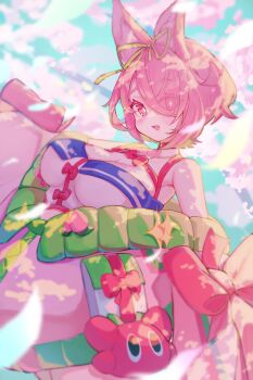 Rule 34 | + +, 1girl, animal ear fluff, animal ears, azuchi momo, azuchi momo (1st costume), blurry, blurry foreground, bow, breasts, cherry blossoms, choker, cleavage, collarbone, cowboy shot, day, fox ears, fox girl, green hair, hair over one eye, hair ribbon, highres, jacket, kanabime, large breasts, looking at viewer, multicolored hair, nijisanji, off shoulder, open mouth, outdoors, pink eyes, pink hair, pink jacket, red bow, red choker, ribbon, shirt, short hair, sleeves past fingers, sleeves past wrists, smile, solo, swept bangs, two-tone hair, virtual youtuber, white shirt, yellow ribbon