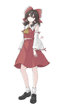 1girl ascot black_shoes bow brown_hair collared_shirt commentary contrast_collar detached_sleeves frilled_bow frilled_hair_tubes frilled_shirt_collar frills hair_between_eyes hair_bow hair_tubes hakurei_reimu highres kashiwada_kiiho medium_hair red_bow red_eyes red_shirt red_skirt shirt shoes skirt socks solo standing touhou white_sleeves white_socks yellow_ascot
