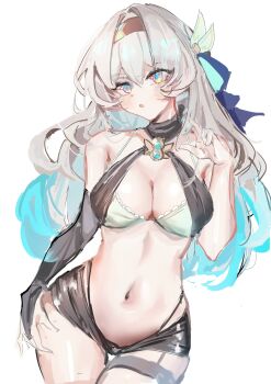 1girl :o absurdres alternate_costume black_choker black_garter_straps blue_ribbon bra breasts brown_hairband choker firefly_(honkai:_star_rail) garter_straps green_bra green_pupils grey_hair hair_between_eyes hair_intakes hair_ornament hair_ribbon hairband highres honkai:_star_rail honkai_(series) hua_(yijing) multicolored_eyes open_mouth revision ribbon simple_background single_garter_strap sketch solo thigh_strap underwear white_background