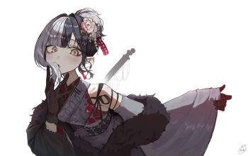 1girl :o absurdres black_gloves black_hair black_kimono black_sleeves dated detached_sleeves feather_boa floral_print floral_print_kimono flower gloves grey_hair grey_kimono grey_sleeves hair_bun hair_flower hair_ornament hand_up hashtag-only_commentary highres hololive hololive_english japanese_clothes kanzashi kimono light_blush looking_at_viewer multicolored_hair official_alternate_costume official_alternate_hairstyle open_mouth outstretched_arm pink_flower print_kimono shiori_novella shiori_novella_(new_year) signature simple_background single_hair_bun sleeveless sleeveless_kimono solo sooby600211 split-color_hair tsumami_kanzashi two-tone_hair two-tone_kimono upper_body virtual_youtuber white_background wide_sleeves yellow_eyes