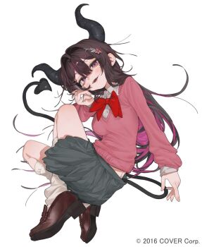 1girl 87yanagi :d azki_(hololive) black_hair black_horns bow bowtie breasts brown_shoes colored_inner_hair copyright_notice demon_horns demon_tail double-parted_bangs full_body grey_skirt hair_between_eyes hair_intakes hair_ornament hairclip hand_up highres hololive horns kneehighs loafers long_hair looking_at_viewer loose_socks medium_breasts miniskirt multicolored_hair official_art open_mouth pink_hair pink_sweater pleated_skirt purple_eyes red_bow red_bowtie shirt shoes simple_background skirt smile socks solo streaked_hair sweater tail v-neck very_long_hair virtual_youtuber white_background white_hair white_shirt white_socks