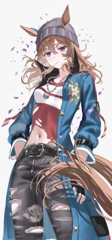 1girl absurdres animal_ears beanie belt black_belt black_pants blue_coat brown_hair coat dice dice_necklace ears_through_headwear grey_background grey_hat hair_between_eyes hat highres horse_ears horse_girl horse_tail jewelry lollipop_in_mouth long_hair long_sleeves looking_at_viewer mumumu_o08 nakayama_festa_(umamusume) necklace pants purple_eyes red_shirt shirt simple_background solo striped_clothes striped_shirt tail torn_clothes torn_shirt umamusume