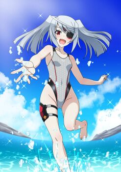 1girl blue_sky breasts cloud commentary_request cowboy_shot day eyepatch gluteal_fold grey_hair grey_one-piece_swimsuit highres honeycomb_(pattern) honeycomb_print infinite_stratos kuroda_ariake laura_bodewig long_hair multicolored_swimsuit one-piece_swimsuit outdoors red_eyes running sky small_breasts smile solo swimsuit thigh_strap water yurizuku_owl