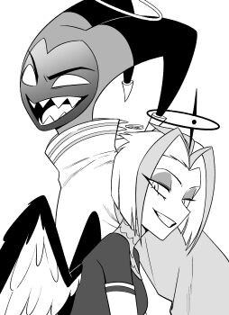 1boy 1girl :d absurdres adam_(hazbin_hotel) bob_cut breasts commentary_request curtained_hair elbow_gloves eyeshadow feathered_wings feathers gloves grin halo hazbin_hotel hellaverse highres horned_mask inverted_bob looking_at_viewer lower_eyelashes_only lute_(hazbin_hotel) makeup mask menma_(enaic31) multicolored_hair open_mouth robe sharp_teeth shirt short_hair signature simple_background small_breasts smile streaked_hair teeth tongue two-tone_hair two-tone_wings upper_body v-shaped_eyebrows white_background wings