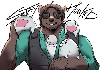 1boy 47fuse absurdres black_vest bonnivier_pranaja brown_hair commentary english_commentary english_text furrification furry furry_male green_eyes green_shirt highres looking_at_viewer male_focus nijisanji nijisanji_id shirt smile sunglasses upper_body vest white_background