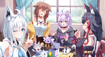 4girls absurdres ahoge animal_ear_fluff animal_ears aqua_eyes black_collar black_hair black_hoodie black_shirt black_sleeves blue_neckerchief bone_hair_ornament brown_hair cat_ears cat_girl choker closed_eyes closed_mouth collar corn detached_collar dice dog_ears dog_girl dress fox_ears fox_girl hair_ornament hairpin highres hololive hololive_gamers hood hoodie inugami_korone inugami_korone_(1st_costume) jacket looking_at_viewer miofa_(ookami_mio) multicolored_hair multiple_girls neckerchief nekomata_okayu nekomata_okayu_(1st_costume) one_eye_closed ookami_mio ookami_mio_(1st_costume) open_mouth purple_eyes purple_hair red_choker red_collar red_hair shirakami_fubuki shirakami_fubuki_(1st_costume) shirt streaked_hair togemaru34 v virtual_youtuber white_dress white_hair white_hoodie white_sleeves wolf_ears wolf_girl yellow_jacket