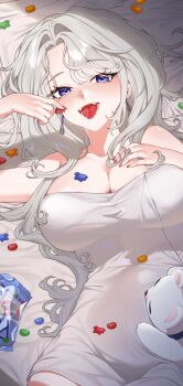 1girl animal breasts candy cleavage dmujiii_1128 earrings food grey_hair hand_on_own_chest highres jewelry lee_rein long_hair lying mole mole_on_breast mole_under_eye naked_towel on_back open_mouth purple_eyes red_nails saliva saliva_trail shadow towel virtual_youtuber vlyz