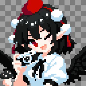 Rule 34 | 1girl, black hair, black wings, blush, bow, breasts, commentary request, hat, highres, looking at viewer, open mouth, pixel art, pointy ears, pom pom (clothes), red eyes, red hat, shameimaru aya, shirt, short hair, short sleeves, skirt, smile, solo, takeez3, tokin hat, touhou, white shirt, wings