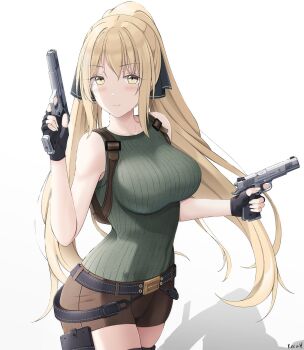 1girl black_ribbon blonde_hair blue_tank_top borrowed_character breasts brown_eyes brown_pants brown_shorts commission cosplay dual_wielding finger_on_trigger gun hair_between_eyes hair_ribbon handgun high_ponytail highres holding holster keenh lara_croft lara_croft_(cosplay) long_hair looking_at_viewer original pants ponytail ribbon satou_mayumi_(rc_f) short_shorts shorts smile solo tank_top thigh_holster thigh_strap tomb_raider weapon