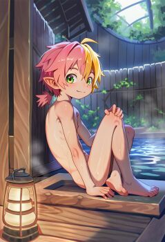 aged_down ai-generated barefoot completely_nude crossed_legs elf fantasy feet green_eyes happy highres looking_at_viewer male_focus multicolored_hair non-web_source nude pointy_ears raekorfranky relaxing shota smile steam toenails toes