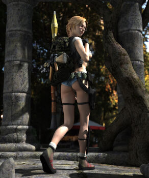 1girl 3d ak-74 ass assault_rifle backpack bag blonde_hair braid breasts crop_top cutoffs denim denim_shorts explosive female_focus fingerless_gloves from_behind glasses gloves grenade gun handgun headset highres hiro3787 holster kalashnikov_rifle long_hair midriff original outdoors pistol poser randoseru realistic rifle rocket_launcher rpg_(weapon) short_shorts shorts single_braid socks solo thigh_strap tree underboob walking weapon white_socks