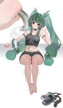1girl absurdres anal anal_object_insertion android black_shorts braid dildo green_eyes green_hair highres long_hair nipples object_insertion pussy qingyi_(zenless_zone_zero) sex_toy shorts solo twintails white_background wohaimeiyou zenless_zone_zero
