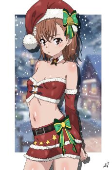 1girl :/ asymmetrical_bangs bare_shoulders bell belt black_belt blurry blurry_background bow breasts brown_eyes brown_hair commentary crossed_bangs detached_collar detached_sleeves english_commentary fur-trimmed_headwear fur-trimmed_skirt fur-trimmed_sleeves fur_collar fur_trim hair_ornament hairpin hat hat_bell hat_bow highres jingle_bell looking_at_viewer medium_hair midriff misaka_mikoto nashdnash2007 navel official_alternate_costume outdoors red_hat red_skirt red_sleeves santa_hat shiny_skin signature skirt small_breasts snowing solo toaru_majutsu_no_index toaru_majutsu_no_index:_genesis_testament