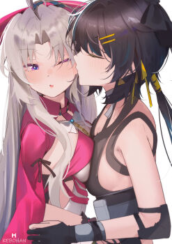 2girls bare_shoulders black_hair blush breast_press carlotta_(wuthering_waves) closed_eyes commentary embarrassed english_commentary female_rover_(wuthering_waves) grey_hair highres kebohan kiss kissing_cheek long_hair multiple_girls one_eye_closed rover_(wuthering_waves) symmetrical_docking white_background white_hair wuthering_waves yuri