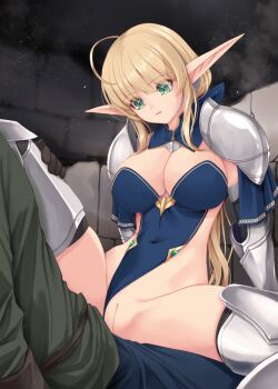 1boy 1girl ahoge armor armored_boots armored_gloves armored_legwear blonde_hair blue_bow blue_collar blue_leotard boots bow breasts cleavage cleft_of_venus clothing_aside collar commentary_request covered_navel elf gauntlets green_eyes highleg highleg_leotard kirishima_satoshi large_breasts leotard leotard_aside leotard_elf_knightess_(kirishima_satoshi) long_hair long_pointy_ears open_mouth original pauldrons pointy_ears pussy shoulder_armor sideless_leotard stone_wall super_highleg very_long_hair