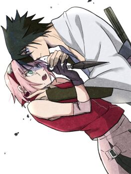 Rule 34 | 1boy, 1girl, bare shoulders, black gloves, black hair, black shorts, crying, furrowed brow, gloves, green eyes, hair between eyes, hairband, hand on another's neck, haruno sakura, holding, holding kunai, holding weapon, kunai, looking at another, naruto (series), naruto shippuuden, open mouth, parted bangs, pink hair, pink skirt, red hairband, red shirt, rope belt, sayaendou0426, shirt, short hair, shorts, shorts under skirt, skirt, spiked hair, tears, uchiha sasuke, upper body, weapon, white background, white shirt