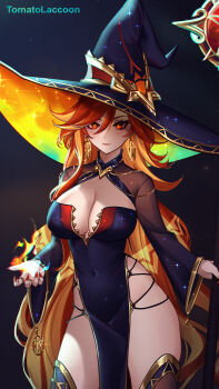 1girl alternate_costume black_dress black_hat black_thighhighs breasts cleavage commentary crescent_moon dress full_body genshin_impact hat high_heels highres holding holding_staff large_breasts long_dress long_hair long_sleeves looking_at_another mavuika_(genshin_impact) medium_breasts moon nail_polish orange_eyes orange_hair pelvic_curtain red_hair red_nails smile solo staff standing star_(symbol) symbol-only_commentary thighhighs tomatolaccoon very_long_hair witch_hat