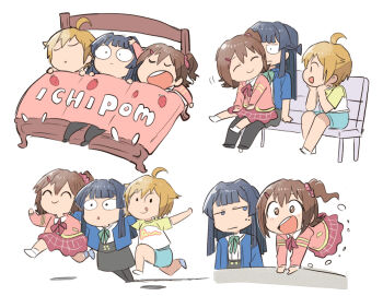 3girls ^_^ ahoge bed bench black_hair black_skirt blonde_hair blue_shirt brown_eyes brown_hair closed_eyes closed_mouth commentary_request group_name highres ibuki_tsubasa idolmaster idolmaster_million_live! kasuga_mirai long_hair lying mogami_shizuka multiple_girls multiple_views on_bed on_bench one_side_up pink_shirt red_skirt running shirt short_hair simple_background sitting sitting_on_lap sitting_on_person skirt sleeping smile standing strawberry_pop_moon_(idolmaster) tsubobot under_covers white_background