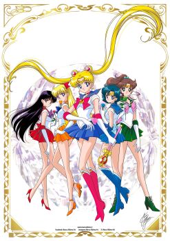 5girls aino_minako artist_name back_bow bishoujo_senshi_sailor_moon black_hair blonde_hair blue_choker blue_eyes blue_footwear blue_hair blue_sailor_collar blue_skirt boots bow brown_hair choker circlet crescent crescent_earrings cross-laced_footwear double_bun earrings elbow_gloves flower flower_earrings gloves green_eyes green_sailor_collar green_skirt hair_bobbles hair_bow hair_bun hair_ornament heart heart_choker high_heels highres hino_rei inner_senshi jewelry kino_makoto long_hair looking_at_viewer magical_girl marco_albiero mizuno_ami moon_stick_(sailor_moon) multiple_girls orange_choker orange_sailor_collar orange_shoes orange_skirt pink_bow pleated_skirt ponytail purple_eyes red_bow red_choker red_footwear red_sailor_collar red_skirt rose sailor_collar sailor_jupiter sailor_mars sailor_mercury sailor_moon sailor_senshi sailor_senshi_uniform sailor_venus shoes short_hair signature simple_background skirt smile thigh_boots transformation_brooch_(sailor_moon) tsukino_usagi twintails twitter_username white_background white_gloves
