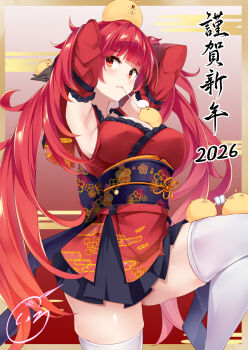 1girl 2026 animal animal_on_head armpits arms_behind_head arms_up azur_lane baby_animal bird black_skirt border breasts brown_border chick commentary_request detached_sleeves egasumi feet_out_of_frame food happy_new_year highres honolulu_(azur_lane) irohara japanese_clothes kimono large_breasts long_hair long_sleeves manjuu_(azur_lane) mochi mochi_trail new_year obi on_head pleated_skirt red_eyes red_hair red_kimono red_sleeves sash signature skirt solo standing standing_on_one_leg thighhighs twintails very_long_hair white_thighhighs
