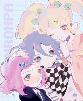 Rule 34 | 1boy, 2girls, blonde hair, checkered clothes, checkered scarf, commentary, copyright name, danganronpa (series), danganronpa 2: goodbye despair, danganronpa v3: killing harmony, japanese clothes, kimono, multiple girls, oma kokichi, purple hair, red eyes, red hair, ronoh (jill), saionji hiyoko, scarf, trait connection, untranslatable commentary, yumeno himiko