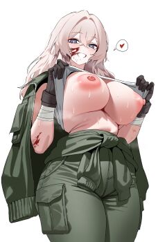 1girl absurdres black_gloves blood blood_on_arm blood_on_face blue_eyes blush breasts bright_pupils clothes_around_waist clothes_lift cowboy_shot crop_top crop_top_lift crossed_bangs double-parted_bangs gloves green_jacket green_pants grey_hair hair_between_eyes heart highres huge_breasts jacket jacket_on_shoulders lifting_own_clothes long_hair looking_at_viewer nipples open_clothes open_jacket original pants plentyofempty simple_background smile solo speech_bubble spoken_heart sweat tank_top very_sweaty white_background white_pupils white_tank_top