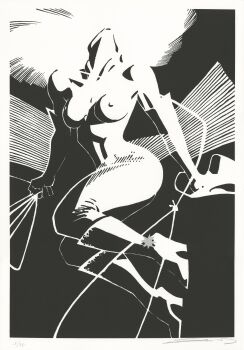 1girl absurdres black_background boots border breasts cowboy_hat elbow_gloves frank_miller gloves hat head_back high_heel_boots high_heels highres holding holding_unworn_clothes holding_unworn_hat holding_whip large_breasts monochrome nancy_callahan nipples second-party_source signature simple_background sin_city solo topless_female unworn_hat unworn_headwear whip white_border