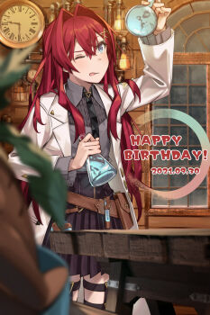 1girl :q analog_clock ange_katrina ange_katrina_(4th_costume) arm_up belt belt_pouch black_necktie black_skirt blue_eyes blurry blurry_foreground brown_belt clock coat collared_shirt commentary_request cowboy_shot crossed_bangs dated depth_of_field erlenmeyer_flask flask flat_chest gradient_eyes grey_shirt hair_between_eyes hair_intakes hair_ornament hand_up happy_birthday highres holding holding_flask indoors industrial_pipe lab_coat lamp lapels legwear_garter light_blush long_hair long_sleeves looking_at_object looking_up mandragora_(ange_katrina) miniskirt multicolored_eyes necktie nijisanji notched_lapels one_eye_closed open_clothes open_coat pleated_skirt pleated_sleeves pouch purple_eyes red_hair round-bottom_flask shirt shirt_tucked_in skirt solo_focus standing table th@nk tongue tongue_out variant_set very_long_hair vial virtual_youtuber white_coat window wooden_table