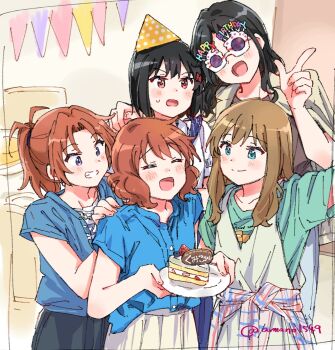 Rule 34 | 5girls, amano shin, birthday cake, birthday party, black hair, blue shirt, bob cut, brown hair, cake, food, happy, happy birthday, hibike! euphonium, highres, hisaishi kanade, kuroe mayu, matsuyama kumiko, multiple girls, nakagawa natsuki, oumae kumiko, shirt, short hair, sketch, smile, tanaka asuka