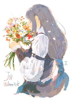 1girl blue_ribbon blue_vest bouquet breasts character_name closed_eyes final_fantasy final_fantasy_xvi flower grey_hair hair_ribbon highres holding holding_bouquet j2_path jill_warrick long_hair long_sleeves low-tied_long_hair medium_breasts ribbon shirt sketch smile solo upper_body vest white_background white_shirt