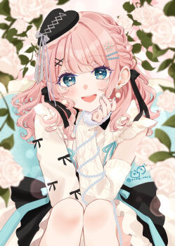 1girl :d blue_eyes commentary_request detached_sleeves heart-shaped_hat highres long_hair looking_at_viewer open_mouth original pink_hair rino_cnc smile solo teeth upper_teeth_only