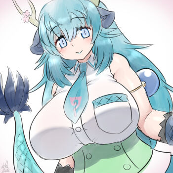 1girl animal_ears bare_shoulders belt blue_dragon_(kemono_friends) blue_eyes blue_hair blue_lips blush breasts collared_shirt dragon_ears dragon_girl dragon_horns dragon_tail extra_ears fishnet_gloves fishnets gloves green_belt hair_between_eyes highres horns huge_breasts japari_symbol kemono_friends kemono_friends_3 long_hair looking_at_viewer mo23 multicolored_horns necktie scale_print shirt skirt sleeveless slit_pupils tail yellow_horns