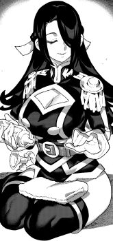 Rule 34 | 1girl, anti-demon corps uniform, ass, azuma fubuki, baby bottle, belt buckle, boots, bottle, braid, breast pump, breasts, buckle, cleavage, cleavage cutout, closed eyes, clothing cutout, epaulettes, gloves, greyscale, hair over one eye, half up braid, highres, ireading, large breasts, long hair, mato seihei no slave, mature female, milking machine, monochrome, parted lips, simple background, sitting, smile, solo, thigh boots, thighs, white background, yokozuwari