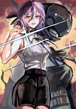 1girl absurdres apron black_apron black_choker black_ribbon black_shorts bomb_devil_(chainsaw_man) chainsaw_man choker goudatake green_eyes grenade_pin hair_between_eyes hair_bun highres neck_ribbon object_head purple_hair reze_(chainsaw_man) ribbon shirt shirt_tucked_in short_sleeves shorts white_shirt