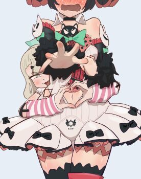 2girls bare_shoulders black_choker black_ribbon blonde_hair blush cat_ornament chinatsu_remiel choker embarrassed feathers green_eyes hair_ornament heart heart_hair_ornament heart_hands highres idol idol_clothes multicolored_hair multiple_girls navel necktie nomoreang3ls ribbon rokudu_sariel simple_background skirt thighs white_background white_skirt zenless_zone_zero