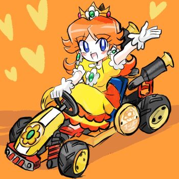 1girl brown_hair commentary crown dress driving earrings flower_earrings gloves go-kart highres jewelry long_hair mario_(series) mario_kart mario_kart_world motor_vehicle nintendo open_mouth orange_background orange_dress princess_daisy rakugaki_shitagari-ya simple_background sketch smile steering_wheel symbol-only_commentary waving white_gloves