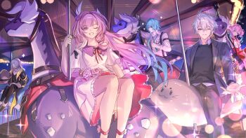 2boys 3girls absurdres anaxa_(honkai:_star_rail) aqua_hair black_coat black_sweater breasts carousel coat commentary cyrene_(honkai:_star_rail) cyrene_(ripples_of_past_reverie)_(honkai:_star_rail) dress dromas_(honkai:_star_rail) english_commentary green_hair grey_hair grey_jacket highres honkai:_star_rail honkai_(series) hyacine_(honkai:_star_rail) jacket kukatsuma long_hair looking_at_viewer medium_breasts medium_hair multicolored_hair multiple_boys multiple_girls phainon_(honkai:_star_rail) pink_hair purple_eyes second-party_source shirt stelle_(honkai:_star_rail) sweater trailblazer_(honkai:_star_rail) twintails two-tone_hair very_long_hair white_dress white_hair white_shirt