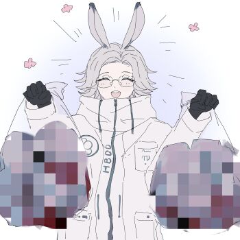 Rule 34 | 1boy, 7tannnnnn, :d, ^ ^, absurdres, animal ears, aotsuki eito, bag, black gloves, breast pocket, censored, closed eyes, commentary request, facing viewer, glasses, gloves, grey hair, hands up, happy aura, highres, holding, holding bag, jacket, kemonomimi mode, male focus, mosaic censoring, open mouth, pocket, rabbit boy, rabbit ears, scene reference, short hair, simple background, smile, solo, teeth, the hundred line -last defense academy-, upper body, upper teeth only, white background, white jacket