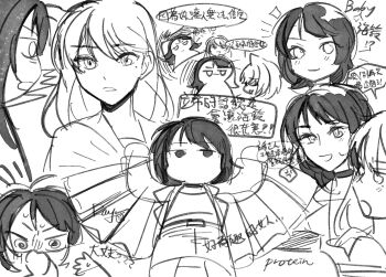 3girls bag bang_dream! bang_dream!_it&#039;s_mygo!!!!! blush chinese_commentary chinese_text choker commentary_request greyscale highres medium_hair mole mole_under_eye monochrome multiple_girls open_mouth shiina_taki shopping_bag translation_request yahata_umiri yoyoray20001996 yuutenji_nyamu